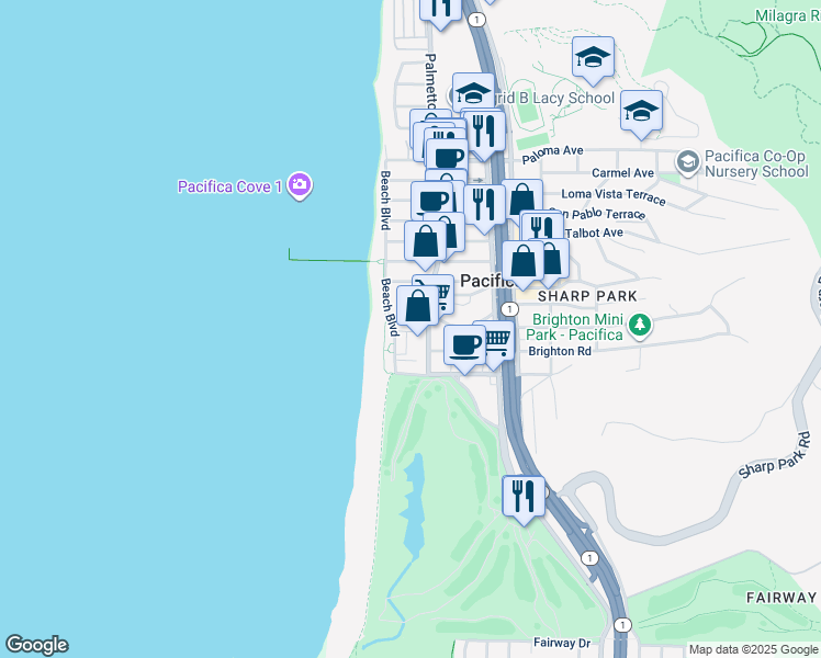 map of restaurants, bars, coffee shops, grocery stores, and more near 2311 Beach Boulevard in Pacifica
