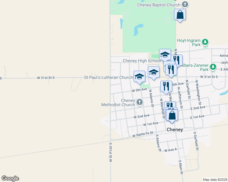 map of restaurants, bars, coffee shops, grocery stores, and more near 630 Leighty Dr in Cheney