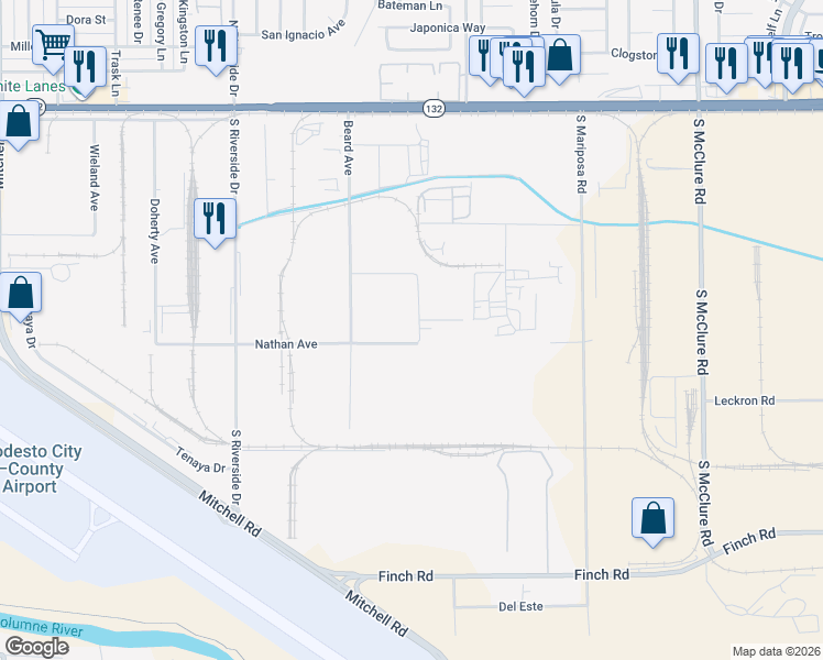 map of restaurants, bars, coffee shops, grocery stores, and more near 530 El Roya Avenue in Modesto