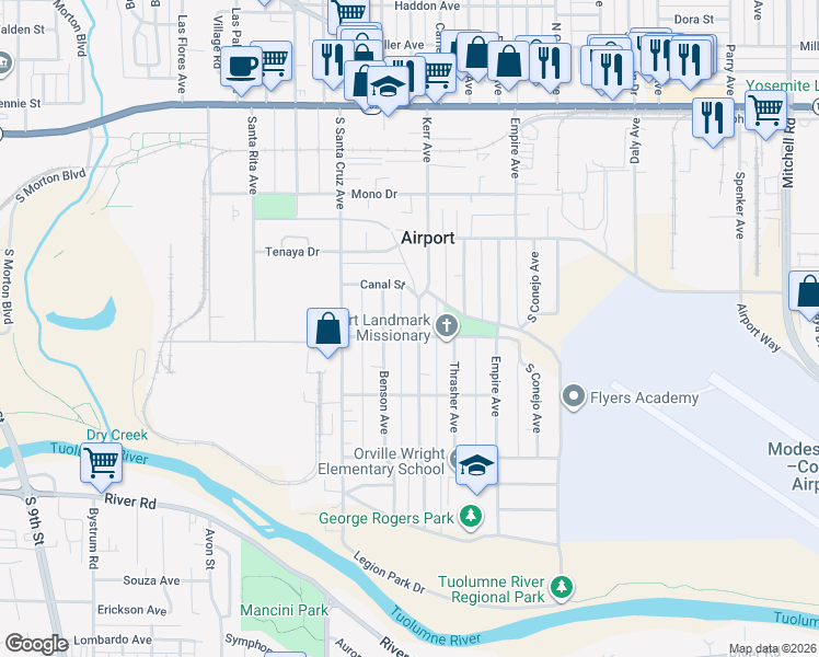 map of restaurants, bars, coffee shops, grocery stores, and more near 509 Kerr Avenue in Modesto