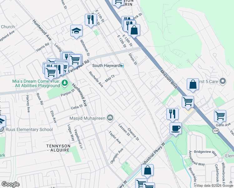 map of restaurants, bars, coffee shops, grocery stores, and more near 28856 Tucker Street in Hayward