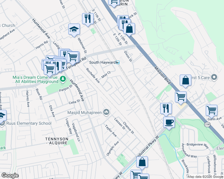 map of restaurants, bars, coffee shops, grocery stores, and more near 28856 Tucker Street in Hayward
