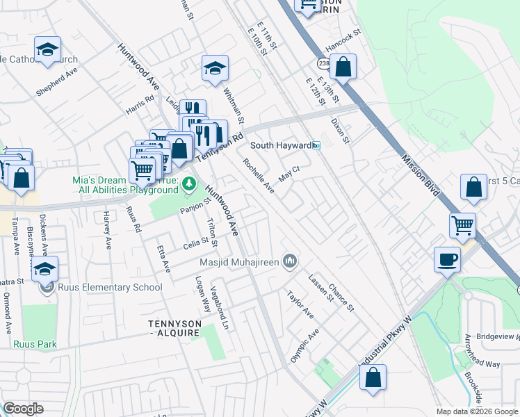 map of restaurants, bars, coffee shops, grocery stores, and more near 28628 Venus Street in Hayward
