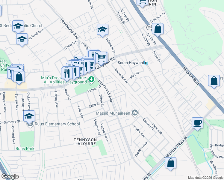 map of restaurants, bars, coffee shops, grocery stores, and more near 8 Raintree Court in Hayward