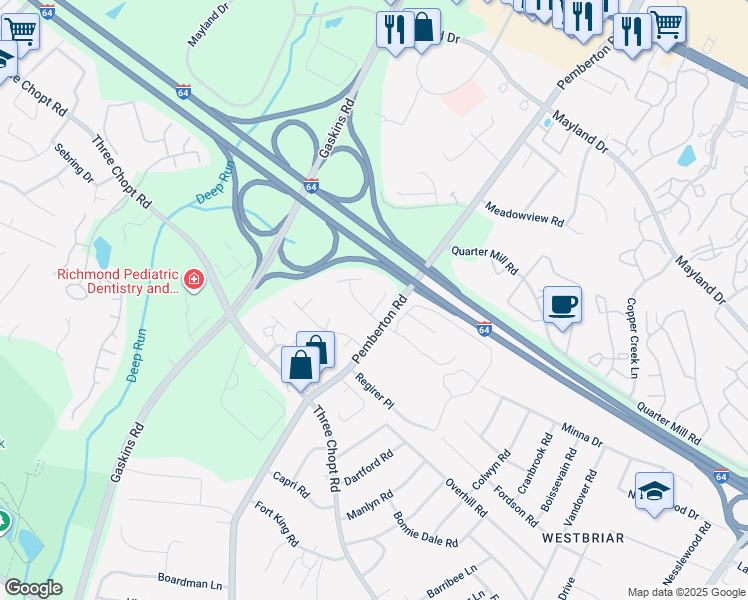 map of restaurants, bars, coffee shops, grocery stores, and more near 2908 Oakley Pointe Way in Richmond