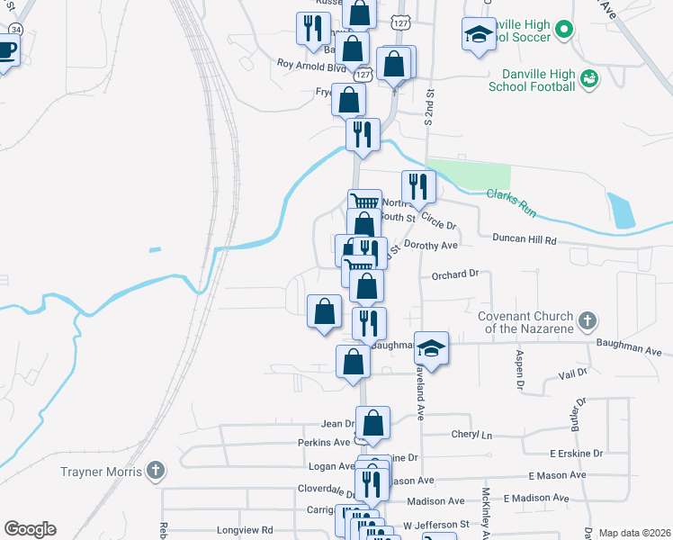 map of restaurants, bars, coffee shops, grocery stores, and more near 811 Hustonville Road in Danville