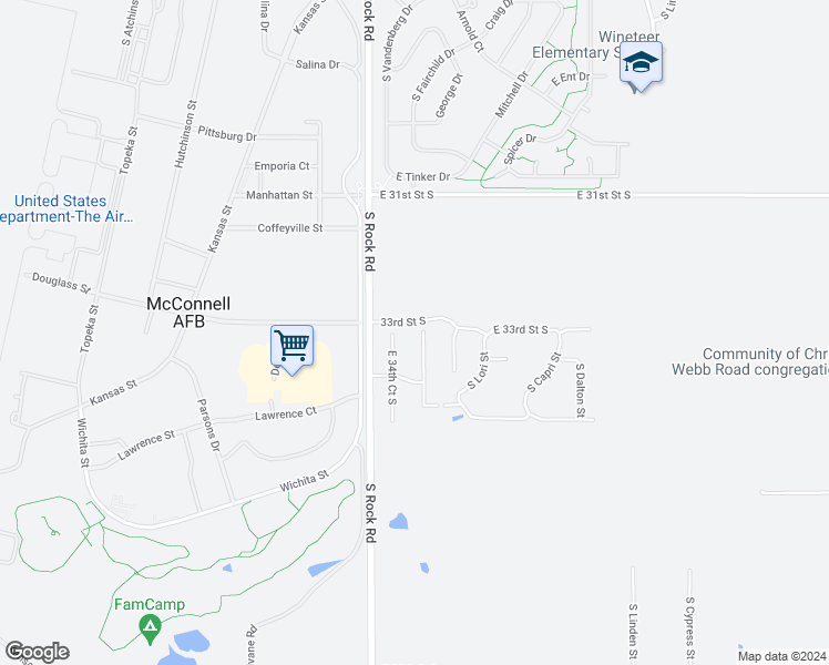 map of restaurants, bars, coffee shops, grocery stores, and more near 3636 South Rock Road in Wichita