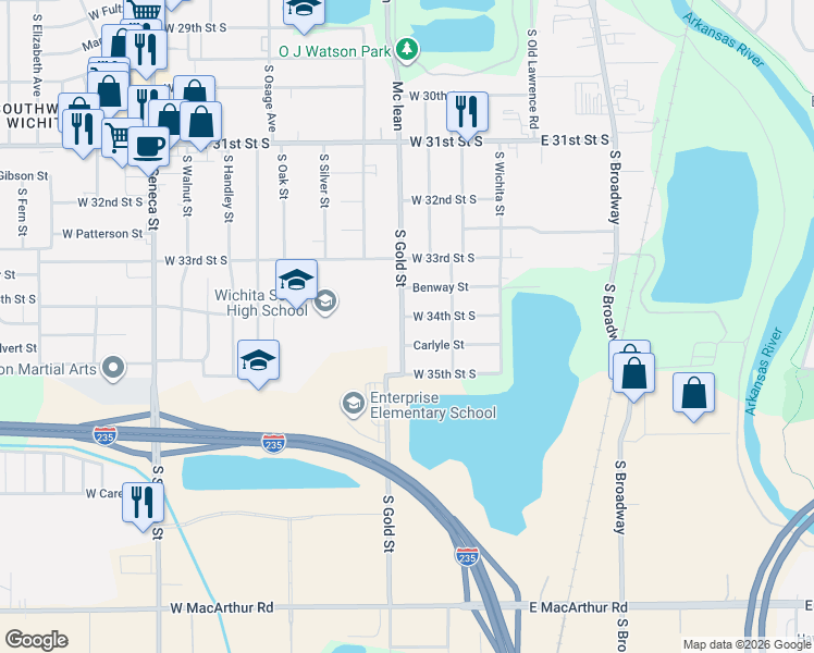 map of restaurants, bars, coffee shops, grocery stores, and more near 526 W 34th Street South in Wichita