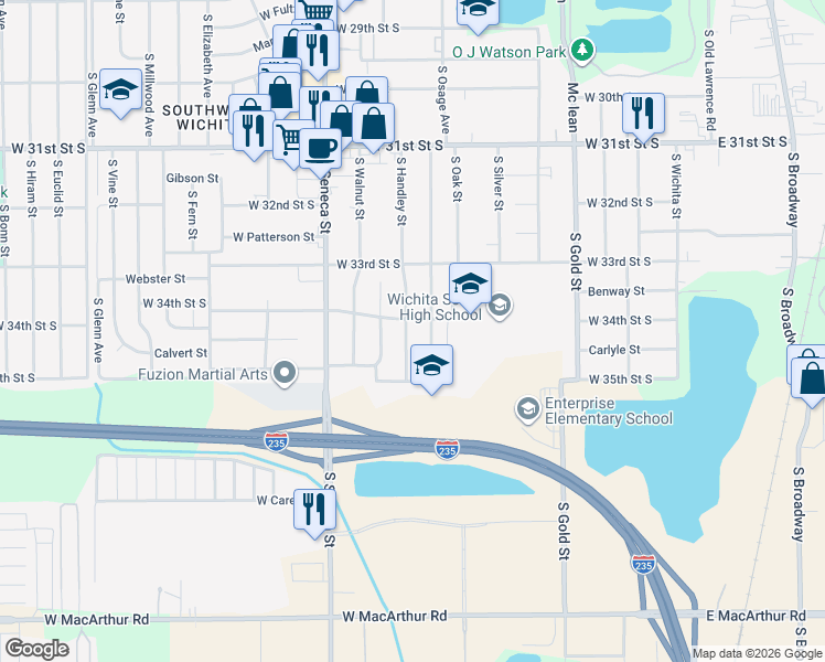 map of restaurants, bars, coffee shops, grocery stores, and more near 3444 South Osage Street in Wichita