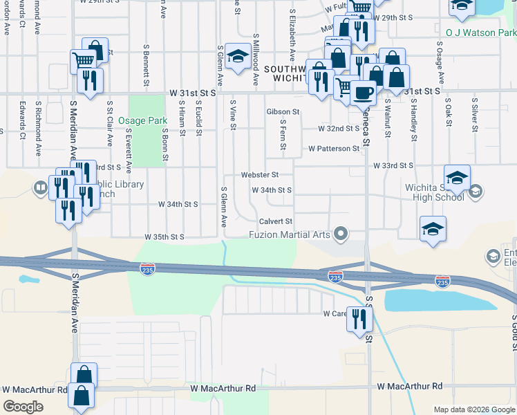 map of restaurants, bars, coffee shops, grocery stores, and more near 3507 Cornell in Wichita