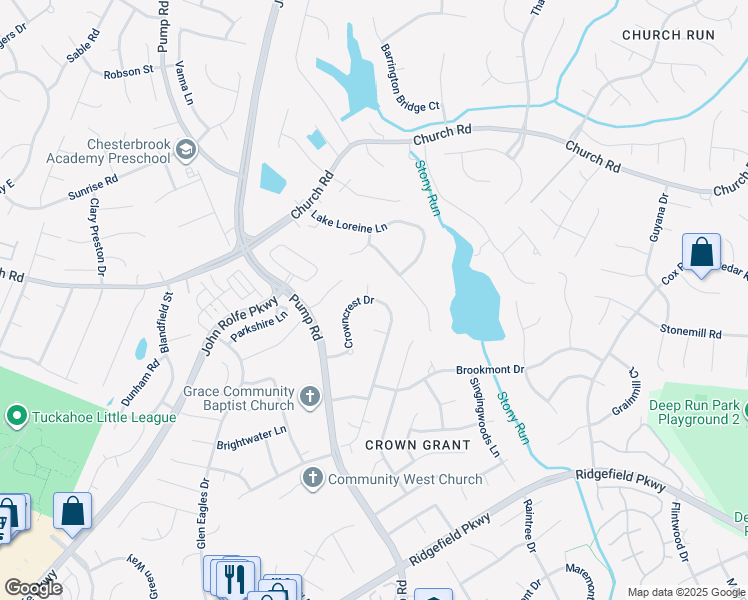 map of restaurants, bars, coffee shops, grocery stores, and more near 2431 Crowncrest Drive in Henrico