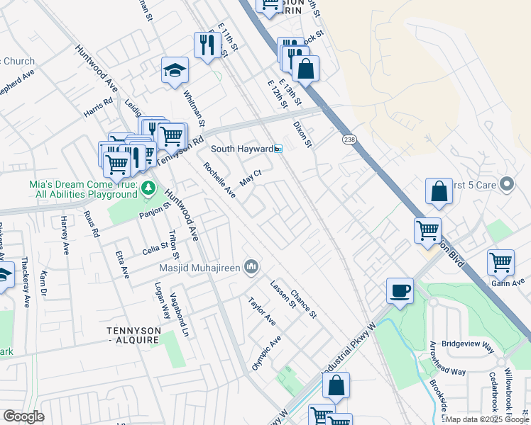 map of restaurants, bars, coffee shops, grocery stores, and more near 28856 Tucker Street in Hayward