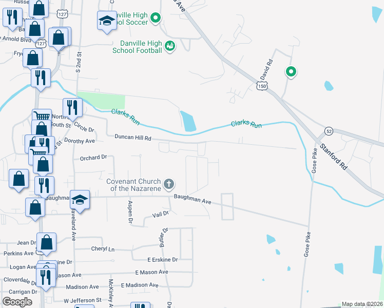 map of restaurants, bars, coffee shops, grocery stores, and more near 449-569 Duncan Hill Road in Danville