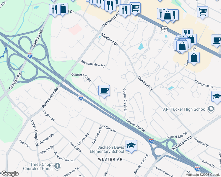 map of restaurants, bars, coffee shops, grocery stores, and more near 2901 Queensland Drive in Richmond