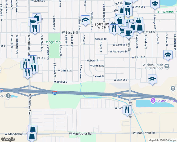 map of restaurants, bars, coffee shops, grocery stores, and more near 3506 South Vine Street in Wichita