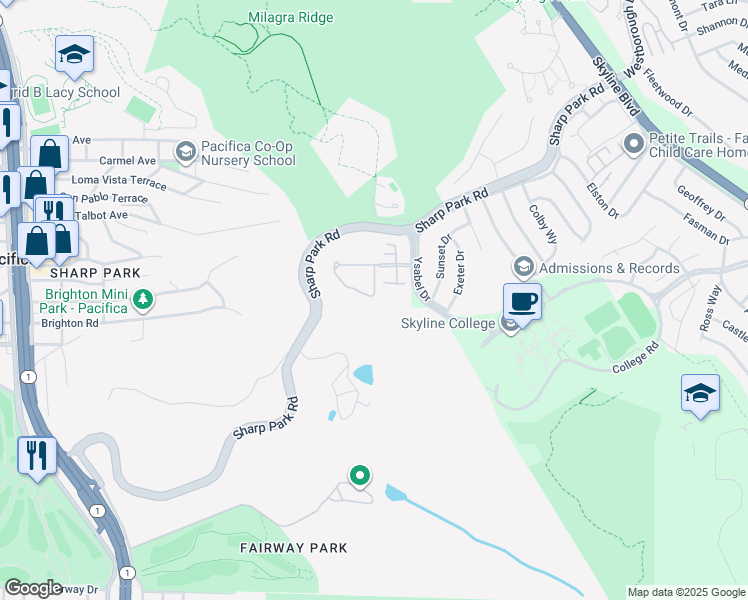 map of restaurants, bars, coffee shops, grocery stores, and more near 129 Outlook Circle in Pacifica