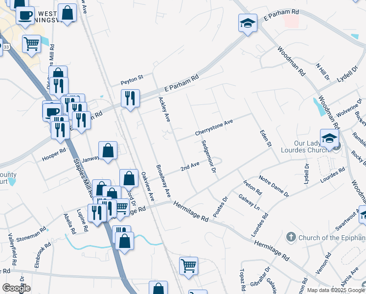 map of restaurants, bars, coffee shops, grocery stores, and more near 8513 Ackley Avenue in Richmond