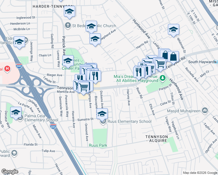 map of restaurants, bars, coffee shops, grocery stores, and more near 963 West Tennyson Road in Hayward