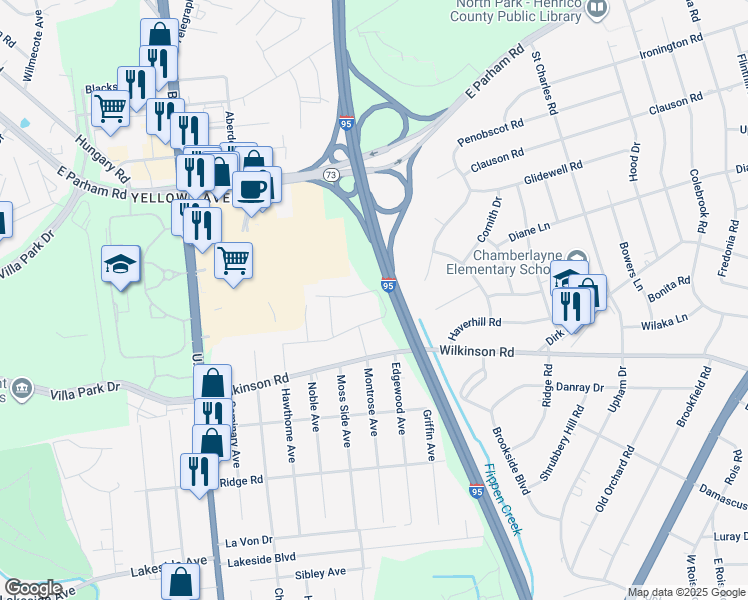 map of restaurants, bars, coffee shops, grocery stores, and more near 409 Mebane Street in Richmond