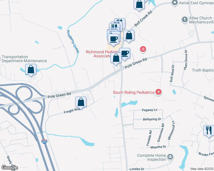 map of restaurants, bars, coffee shops, grocery stores, and more near 7349 Pole Green Road in Mechanicsville