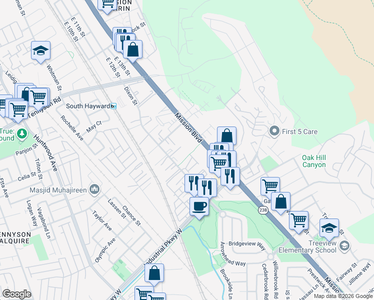 map of restaurants, bars, coffee shops, grocery stores, and more near 29335 Mission Boulevard in Hayward