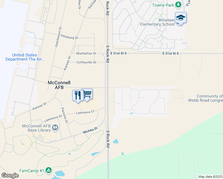 map of restaurants, bars, coffee shops, grocery stores, and more near 3636 South Rock Road in Wichita