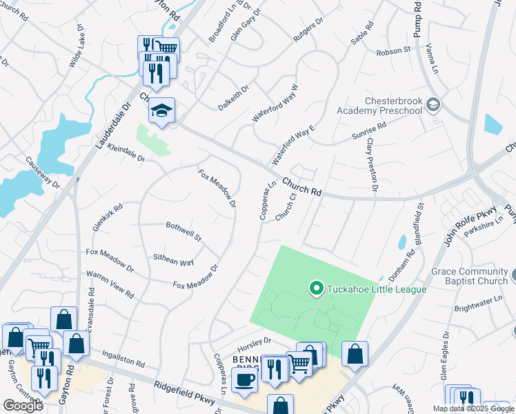 map of restaurants, bars, coffee shops, grocery stores, and more near 12924 Copperas Lane in Richmond