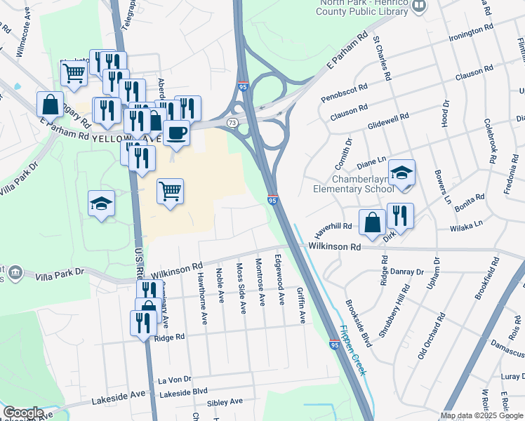 map of restaurants, bars, coffee shops, grocery stores, and more near 409 Mebane Street in Richmond