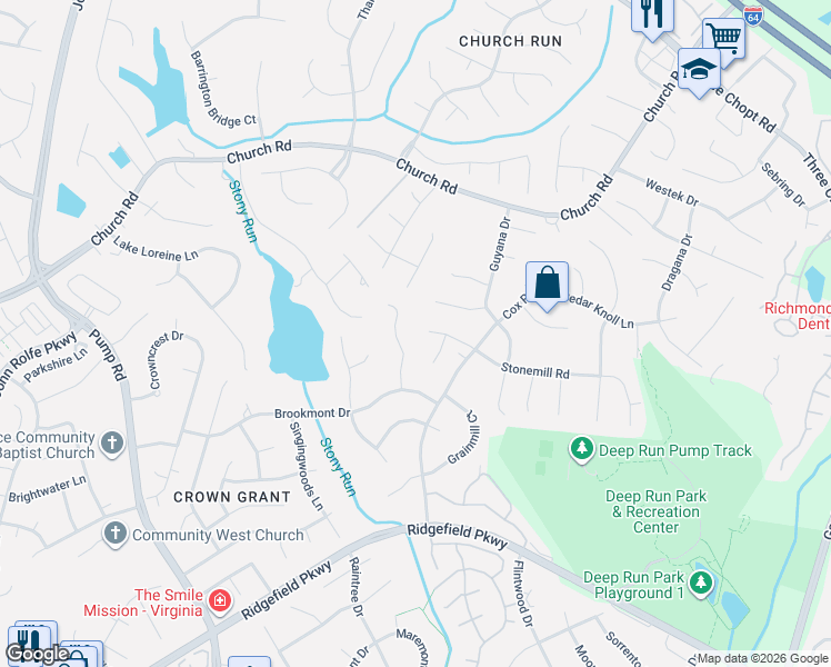 map of restaurants, bars, coffee shops, grocery stores, and more near 10213 Guyana Court in Richmond