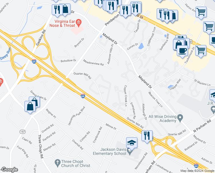 map of restaurants, bars, coffee shops, grocery stores, and more near 2903 Thistlebrook Lane in Henrico