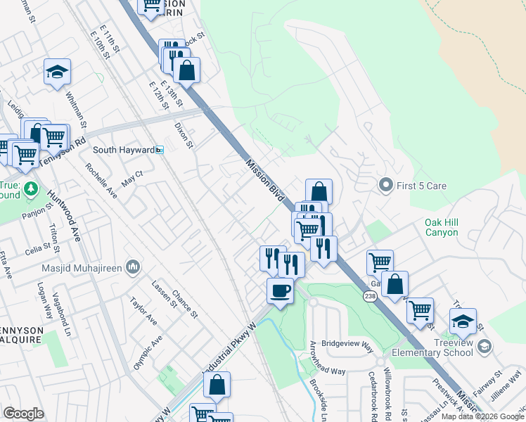 map of restaurants, bars, coffee shops, grocery stores, and more near 29335 Mission Boulevard in Hayward