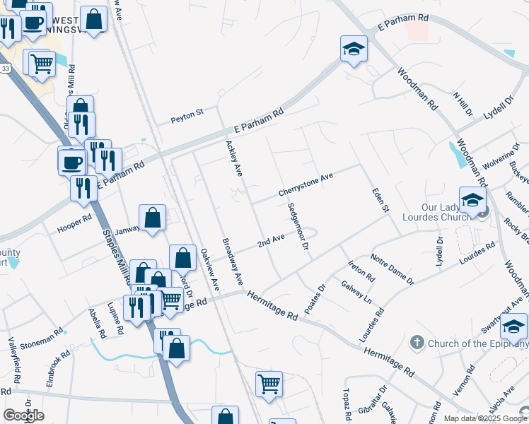 map of restaurants, bars, coffee shops, grocery stores, and more near 8513 Ackley Avenue in Richmond