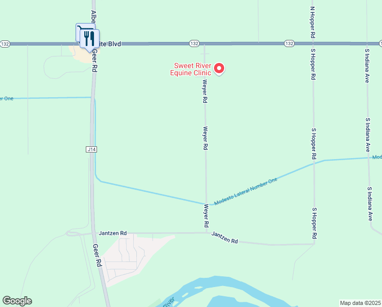 map of restaurants, bars, coffee shops, grocery stores, and more near 601 Weyer Road in Modesto