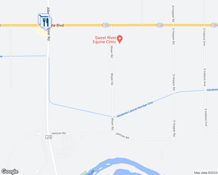 map of restaurants, bars, coffee shops, grocery stores, and more near 601 Weyer Road in Modesto