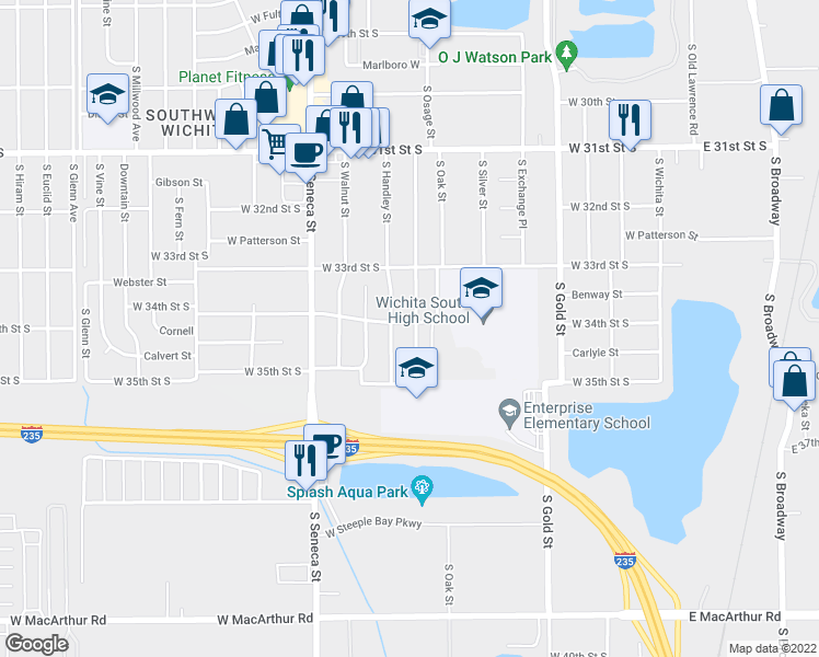 map of restaurants, bars, coffee shops, grocery stores, and more near 809 West 34th Street South in Wichita