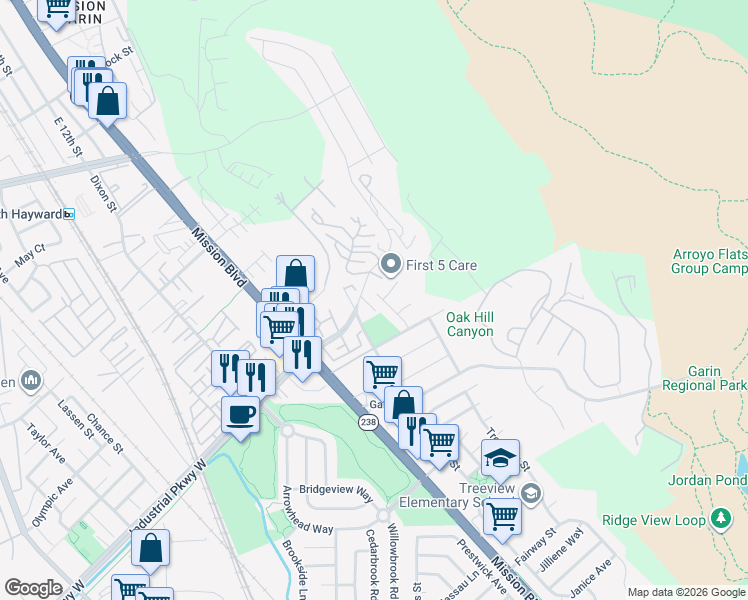 map of restaurants, bars, coffee shops, grocery stores, and more near 675 Alquire Parkway in Hayward