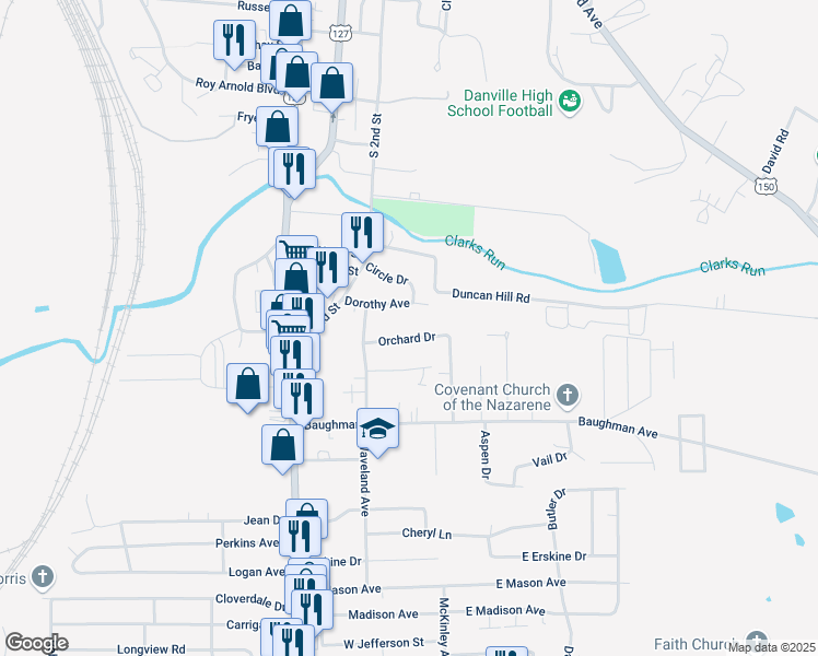 map of restaurants, bars, coffee shops, grocery stores, and more near 223 Dorothy Avenue in Danville