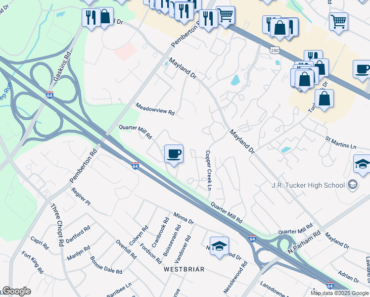 map of restaurants, bars, coffee shops, grocery stores, and more near 2863 Queensland Drive in Richmond