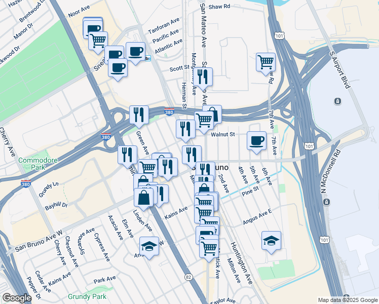 map of restaurants, bars, coffee shops, grocery stores, and more near 888 Mills Avenue in San Bruno