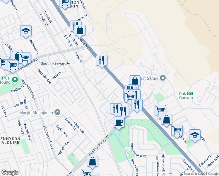 map of restaurants, bars, coffee shops, grocery stores, and more near 29335 Mission Boulevard in Hayward