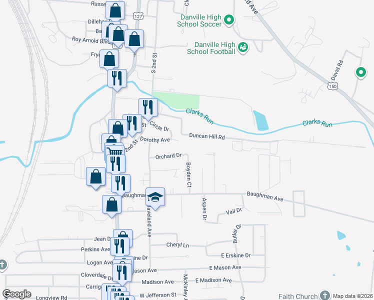 map of restaurants, bars, coffee shops, grocery stores, and more near 290 Duncan Hill in Danville
