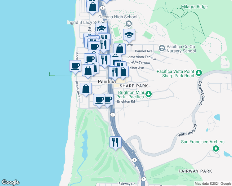 map of restaurants, bars, coffee shops, grocery stores, and more near 225 Moana Place in Pacifica