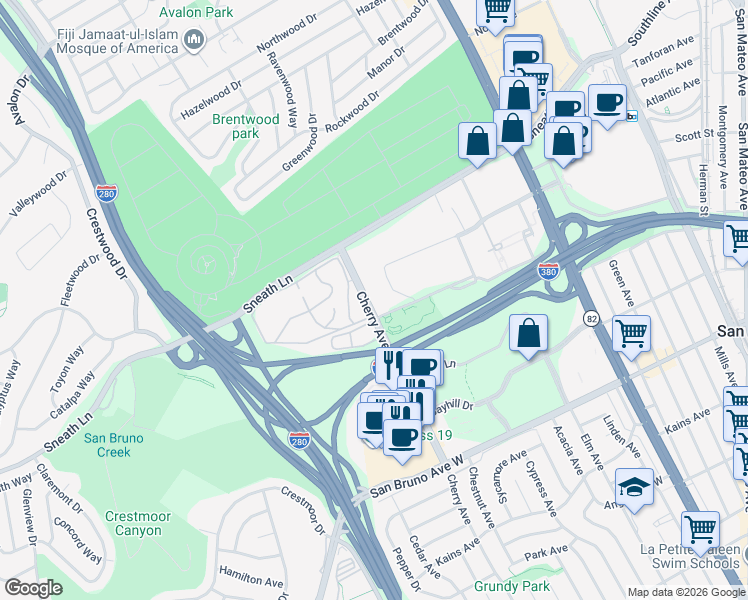 map of restaurants, bars, coffee shops, grocery stores, and more near 1126 Cherry Avenue in San Bruno