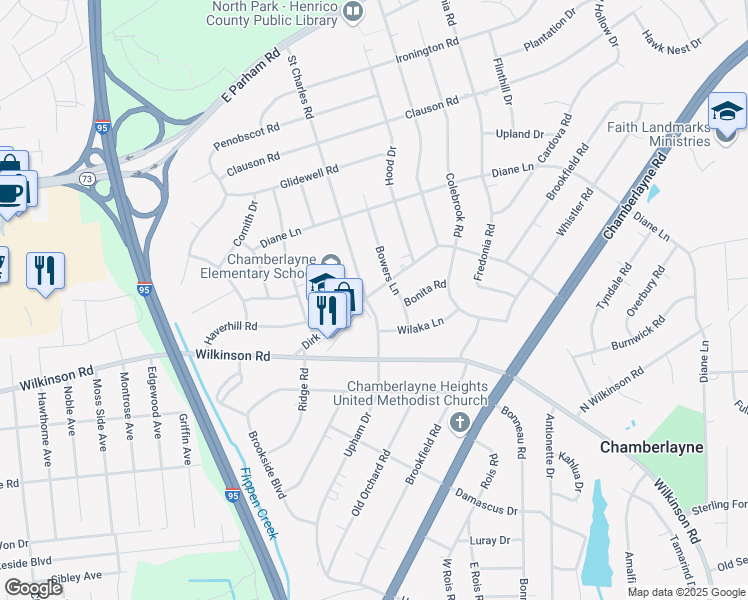map of restaurants, bars, coffee shops, grocery stores, and more near 1005 Dirk Drive in Richmond