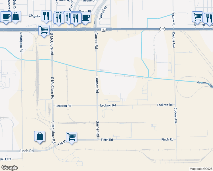 map of restaurants, bars, coffee shops, grocery stores, and more near 600 Garner Road in Modesto