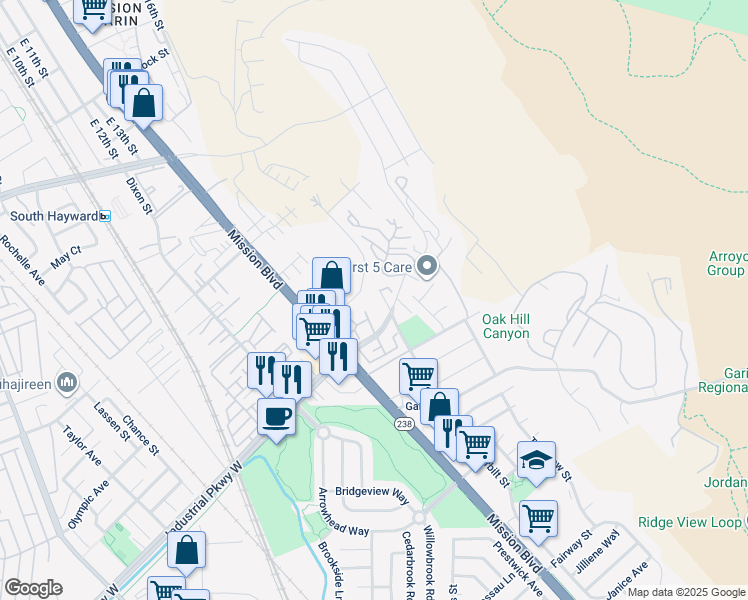 map of restaurants, bars, coffee shops, grocery stores, and more near 29583 Vanderbilt Street in Hayward
