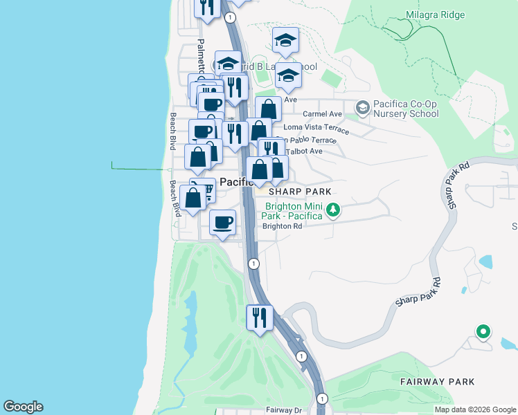 map of restaurants, bars, coffee shops, grocery stores, and more near 225 Moana Place in Pacifica