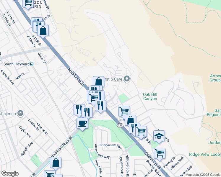 map of restaurants, bars, coffee shops, grocery stores, and more near 29583 Vanderbilt Street in Hayward