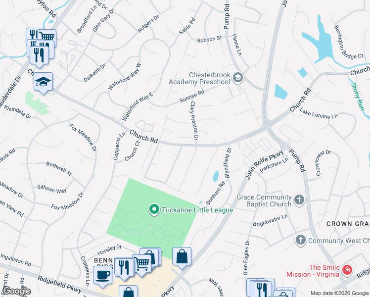 map of restaurants, bars, coffee shops, grocery stores, and more near 11917 Brandyview Lane in Henrico