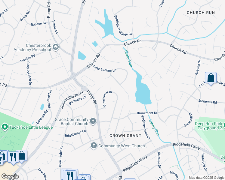 map of restaurants, bars, coffee shops, grocery stores, and more near 2431 Crowncrest Drive in Henrico